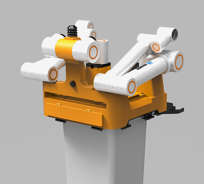 The front two-axis lidar cloud head, the rear two-arm mounting support + two arms, the rear two-arm storage bracket and the binocular camera and weather instrument assembly for observing the operation state of both arms.