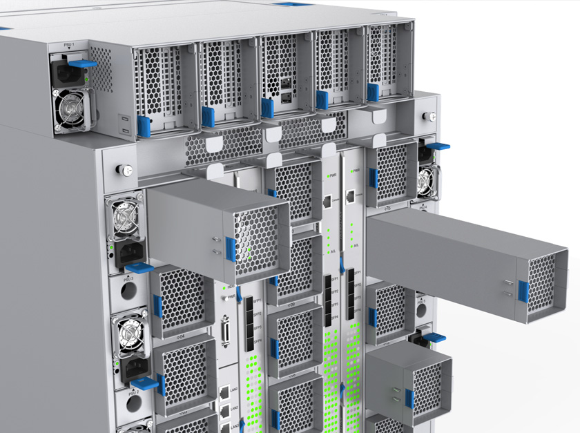 > Fan removal, finger press area for blue identification design.